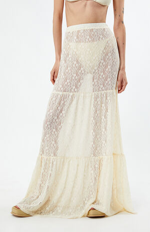 Sheer Lace Mid Rise Tiered Maxi Skirt image number 1