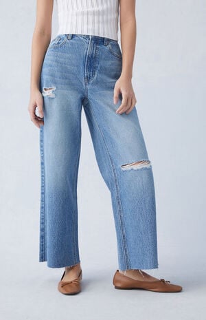 Eco Medium Indigo Ripped Cropped Wide Leg Jeans