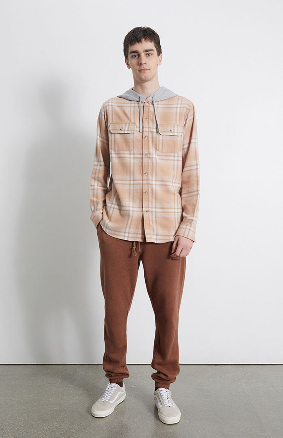 Pacsun plaid mix hooded long sleeve button up shirt clearance