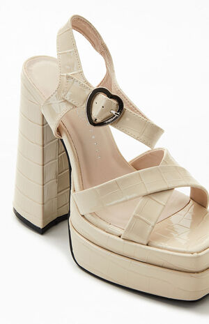 Women's Cream Heart Buckle Heels image number 6