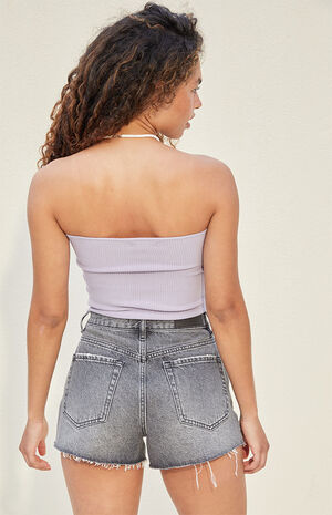 Eco Light Gray Side Slit Vintage High Waisted Denim Shorts image number 4