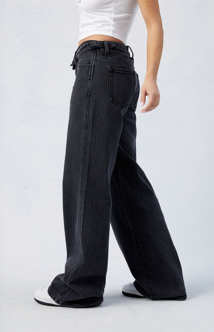 【SURGERY】double folding over wide baggy jeans coated black Pacsun Black Fold-Over Casey Low Rise Baggy Jeans | PacSun