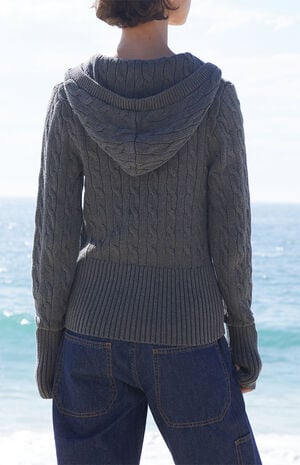Olive Cable Knit Button Down Hooded Sweater image number 4