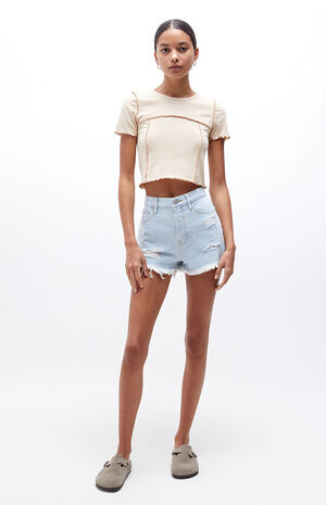 Eco Light Blue Ripped Vintage High Waisted Denim Shorts image number 6