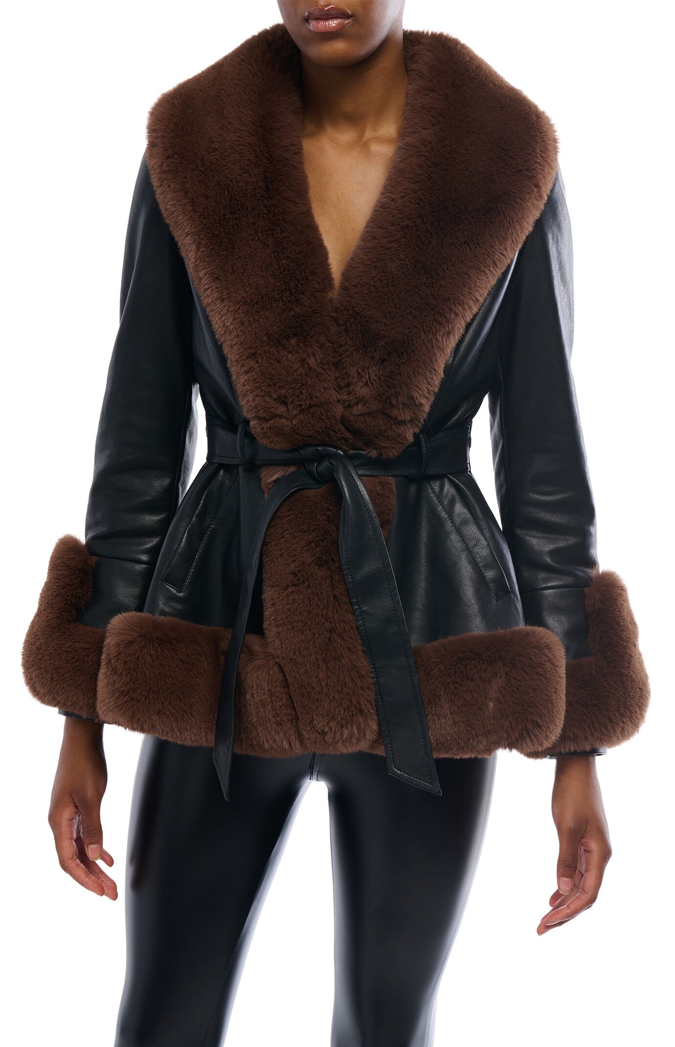 AZALEA WANG Kenzy Brown Faux Leather & Fur Belted Coat