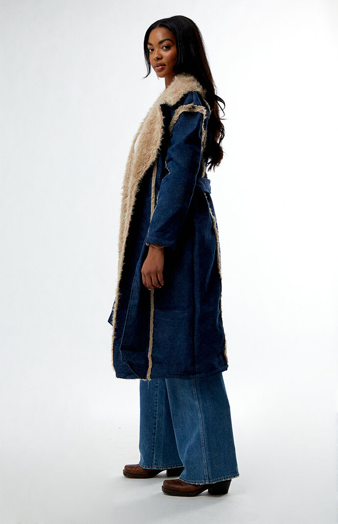 Daisy Street Denim Faux Fur Trim Trench Coat PacSun