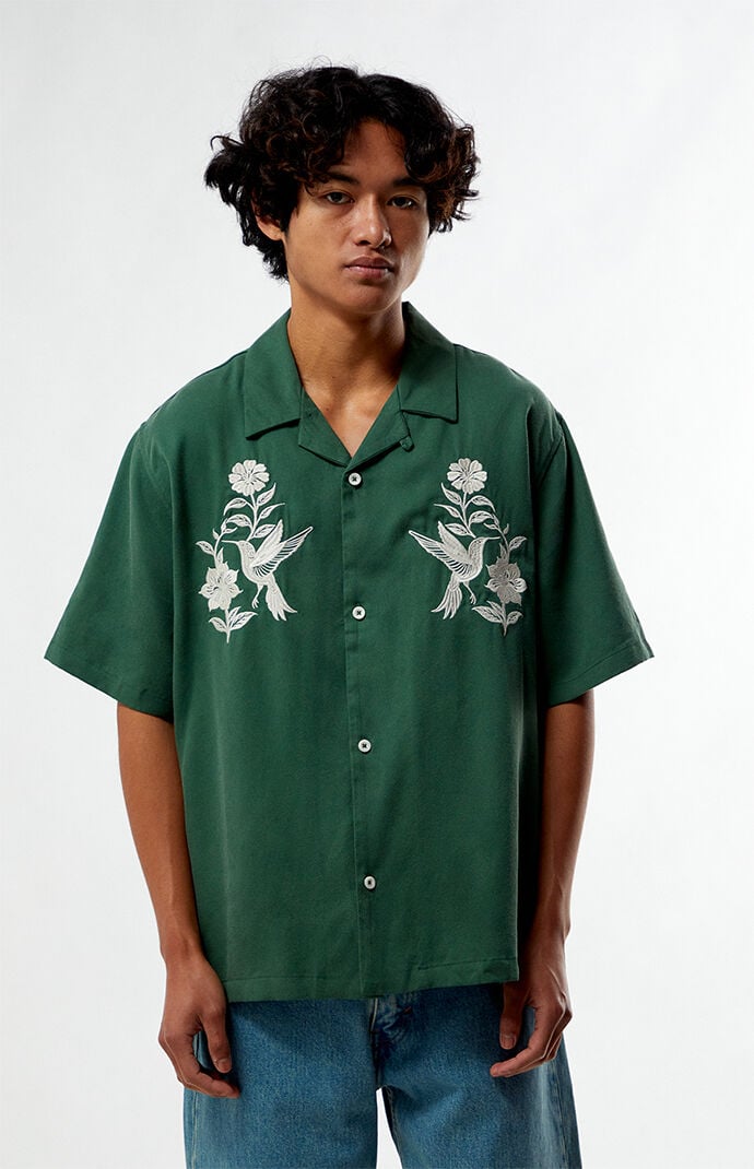 Pacsun Green Floral Embroidered Oversized Resort Camp Shirt