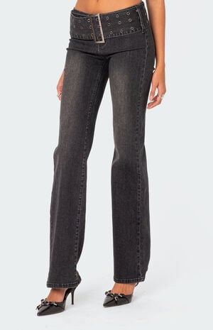 Buckle Belt Washed Flare Jeans image number 2