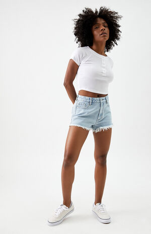 Light Blue High Waisted Denim Festival Shorts image number 2
