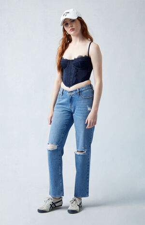Eco Medium Indigo V-Dip Ripped '90s Straight Leg Jeans image number 1