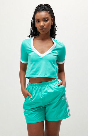 gemak Kantine Stratford on Avon adidas Green 3 Stripe Cropped V-Neck T-Shirt | PacSun