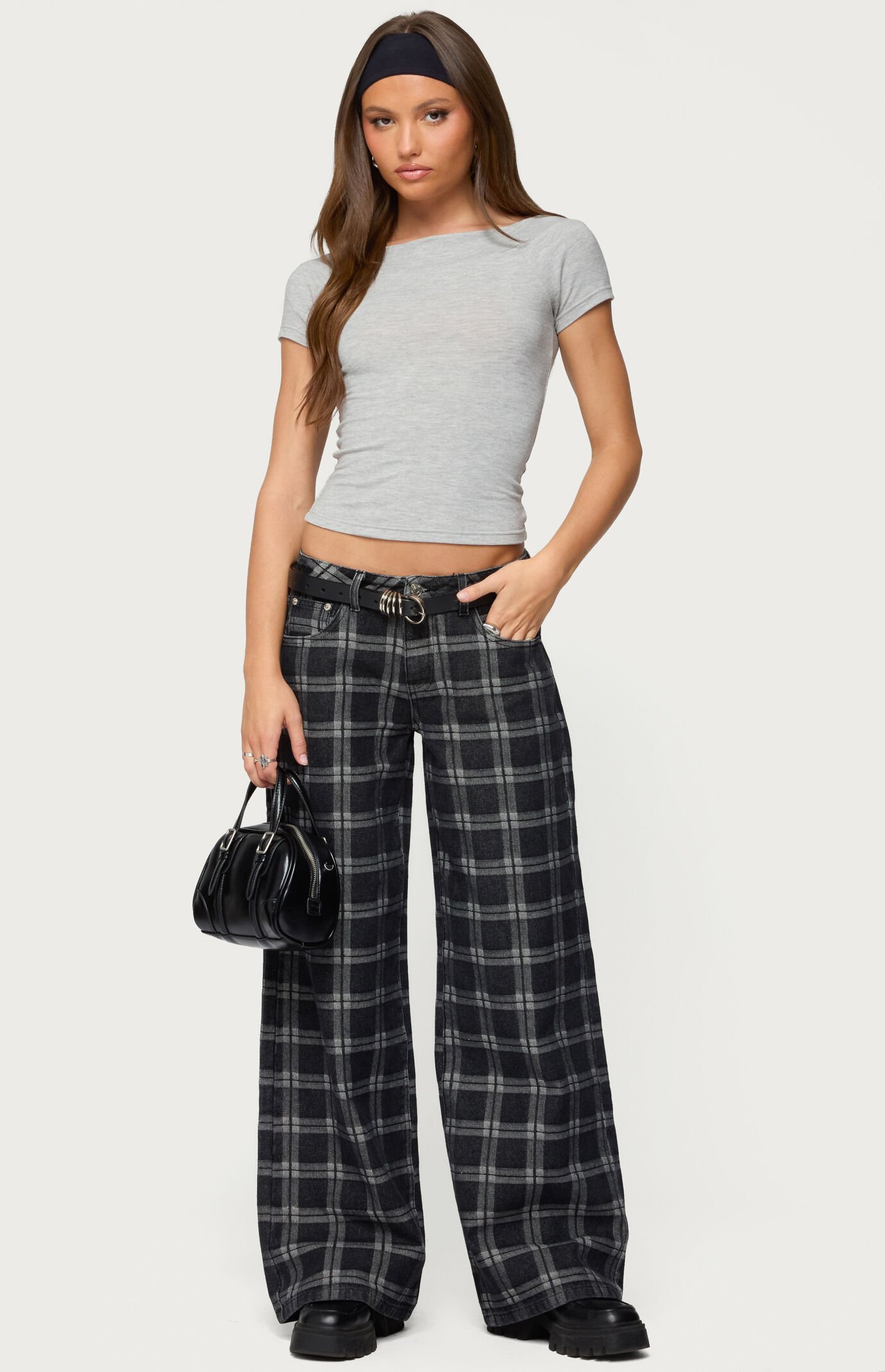 Edikted Kailani Plaid Low Rise Baggy Jeans