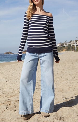 Navy & White Bonnie Off-The-Shoulder Sweater image number 4