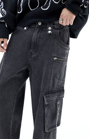 Black Wash Baggy Cargo Zip Jeans image number 4