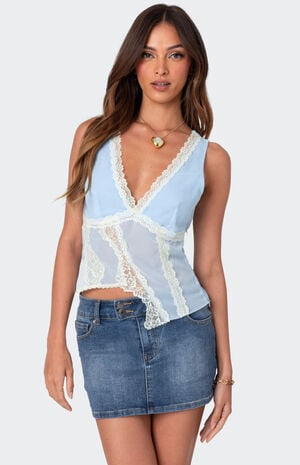 Chiffon & Lace Sheer Asymmetric Top image number 1
