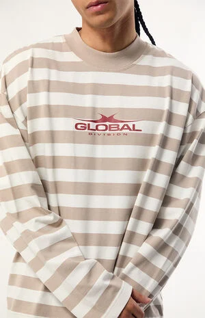 Tan Global Striped Heavyweight Cropped Long Sleeve T-Shirt image number 2