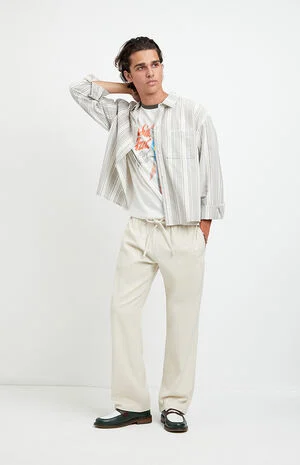 Cream Straight Leg Linen Pants image number 1