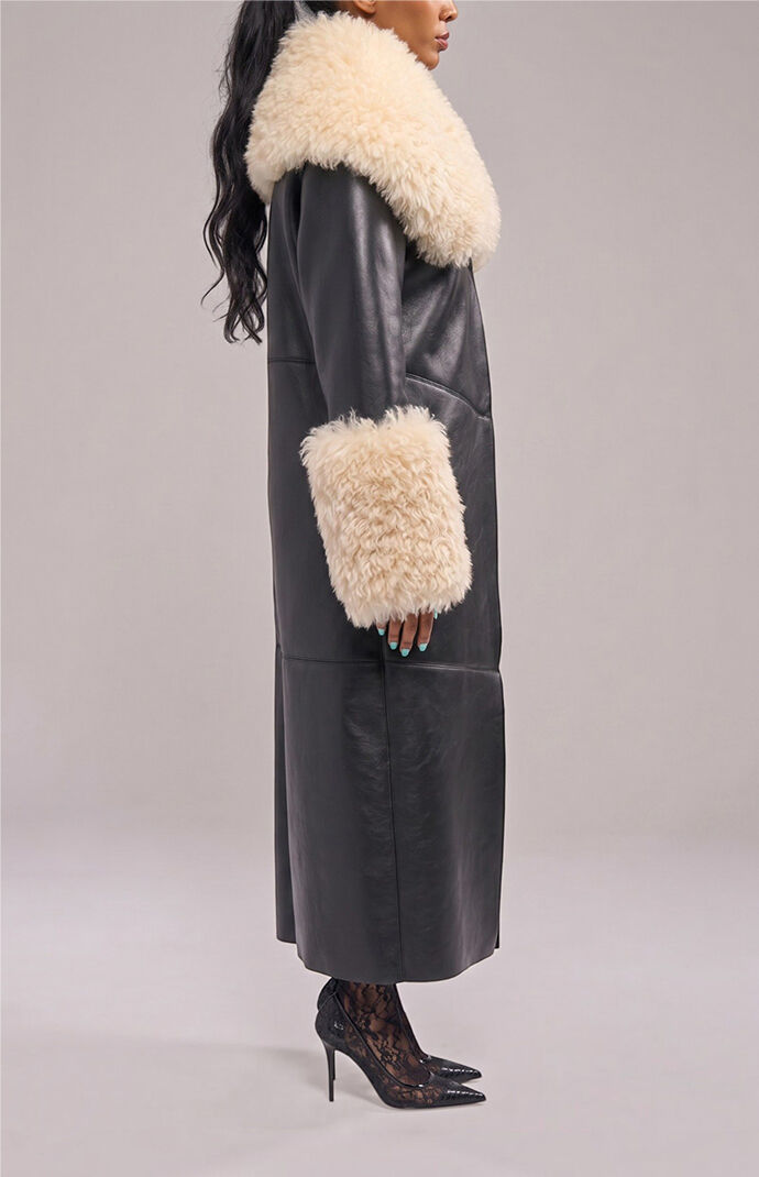 AZALEA WANG Fluffy Black Faux Fur Trench Coat