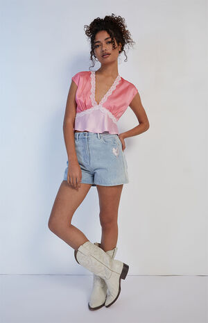 Satin Lace Trim Peplum Top image number 4