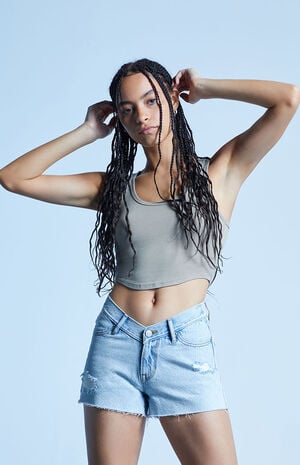 Eco Light Blue V-Dip Waistband Ripped Low Rise Denim Shorts image number 2