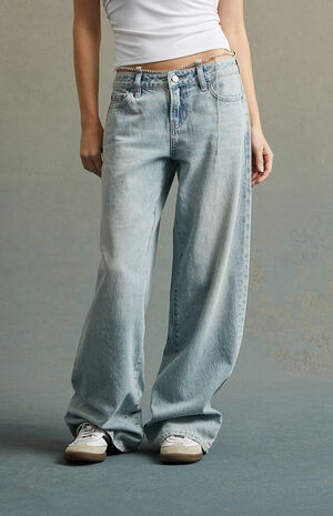 Tinted Light Indigo Rhinestone Belt Low Rise Baggy Jeans image number 3