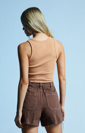 Brown High Waisted Cutoff Cargo Shorts image number 3