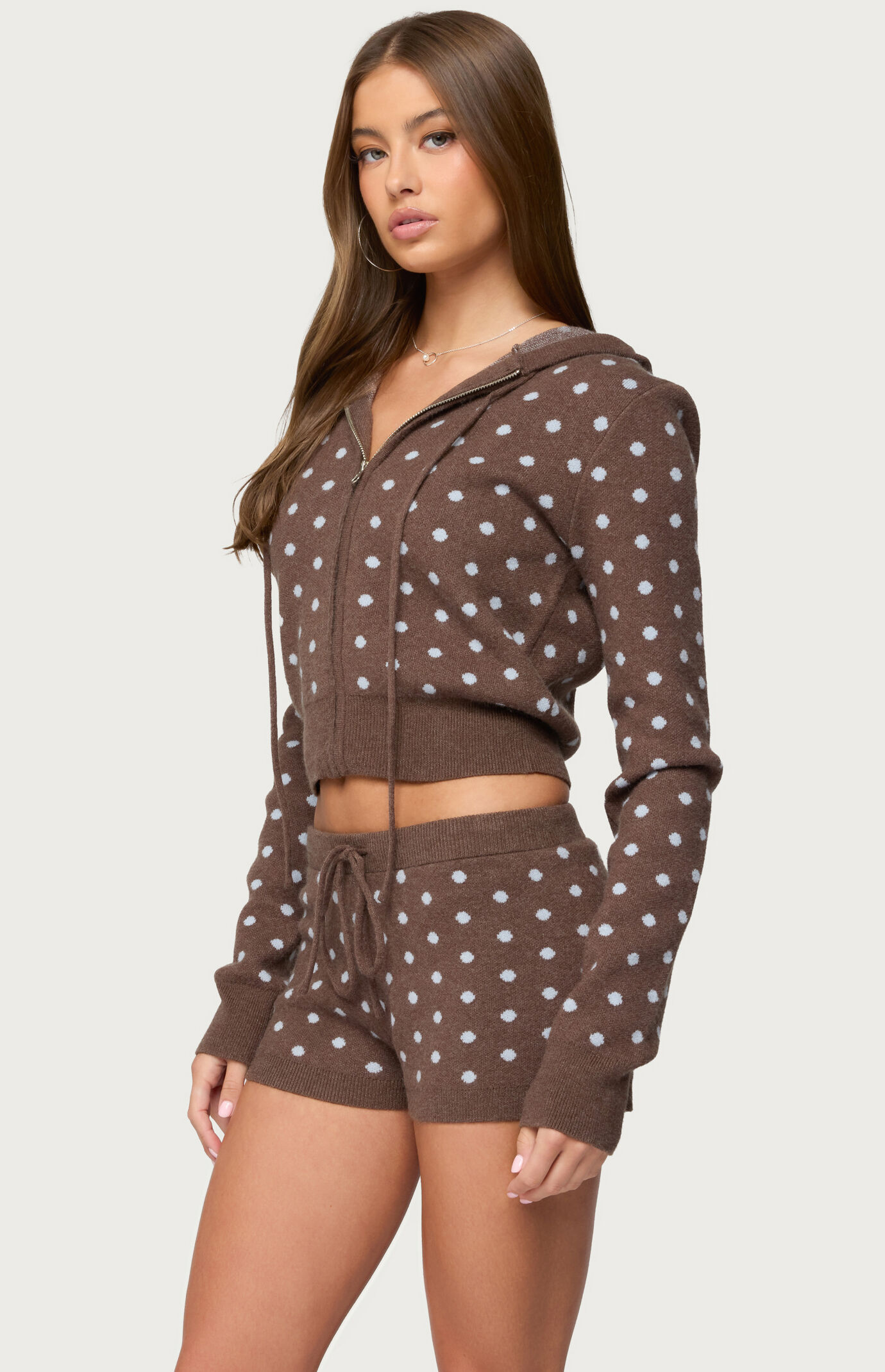 Edikted Kenny Polka Dot Knit Zip Up Hooded Cardigan