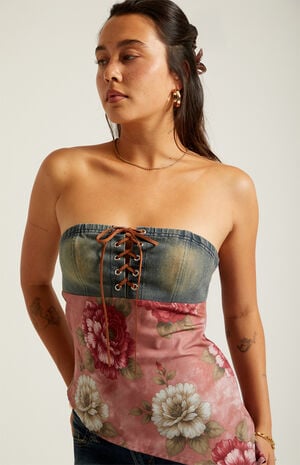 Lace-Up Denim Chiffon Tube Top image number 5