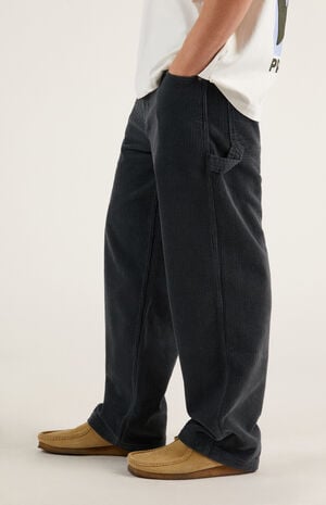 Washed Black Corduroy Baggy Carpenter Pants image number 4