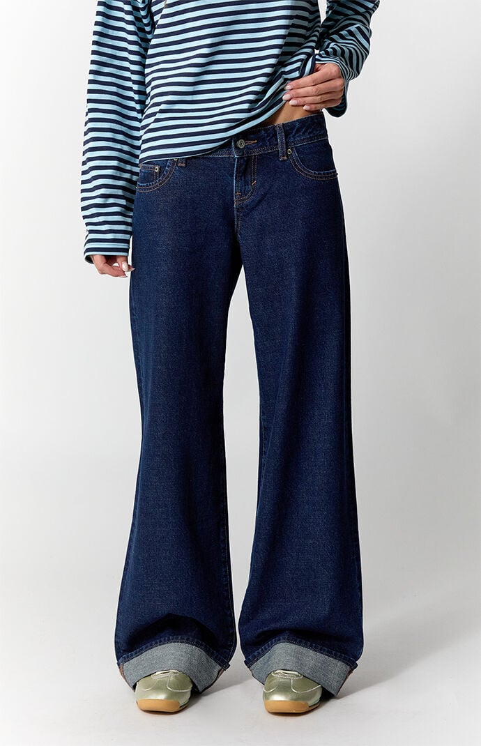 Pacsun Kaia Ultimate Low Rise Baggy Jeans Roll Cuff Dark Blue