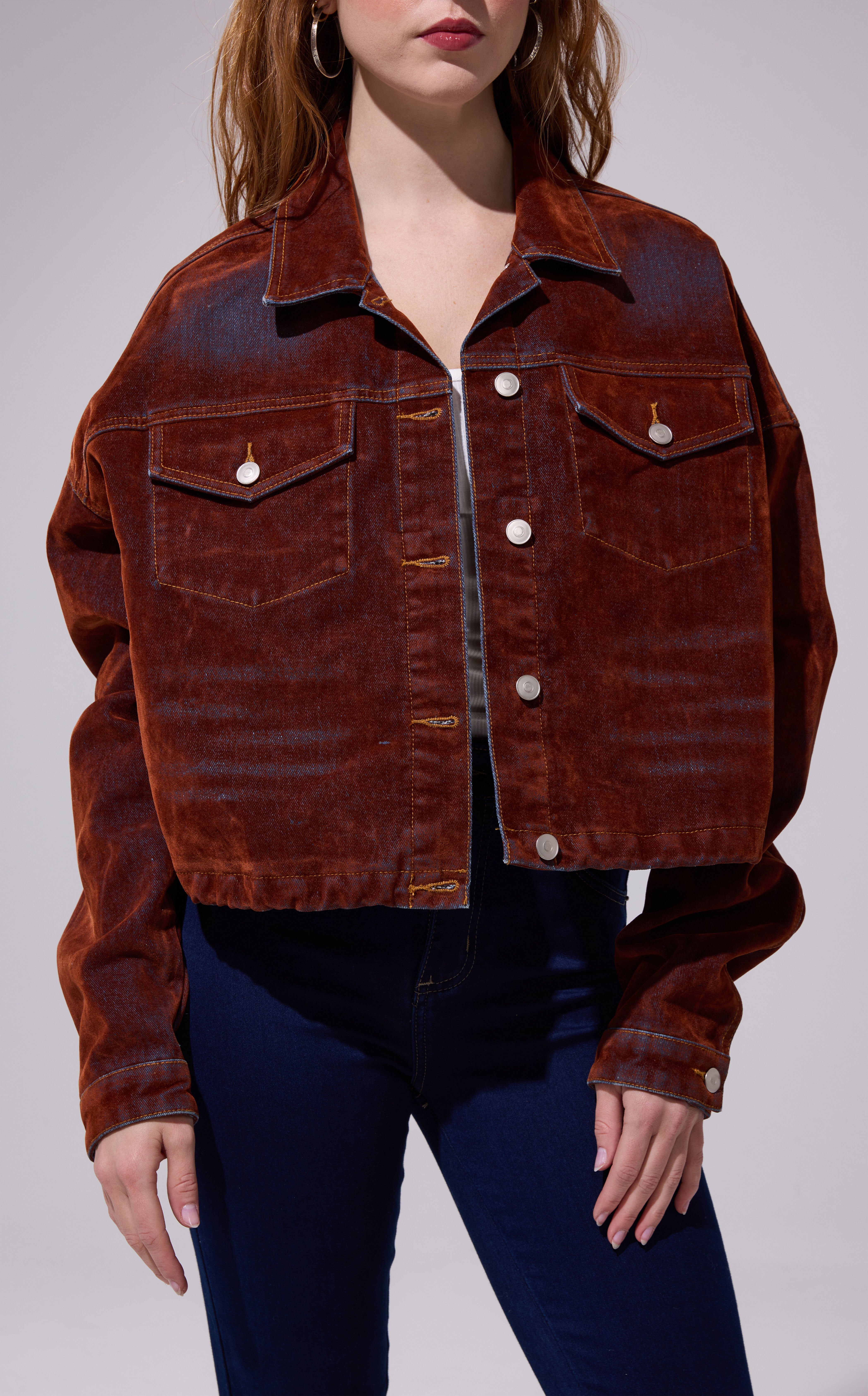 AZALEA WANG Sampson Burnt Orange Velvet Denim Jacket