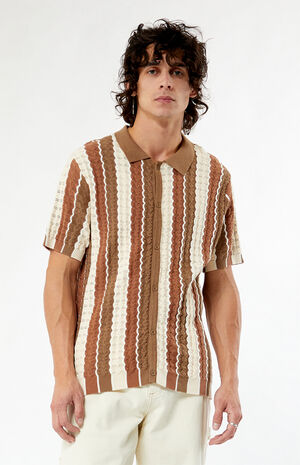 Tan Button Down Knit Polo Shirt image number 3