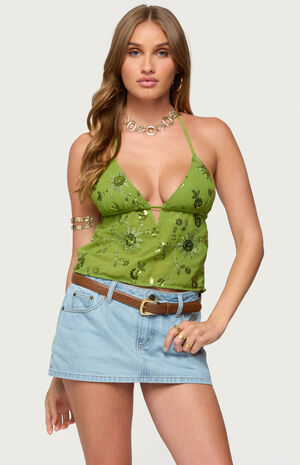 Kiki Sequin Floral Chiffon Halter Top image number 1