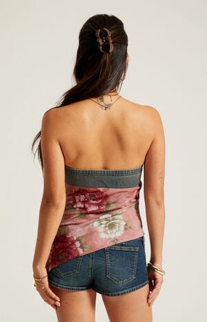 Lace-Up Denim Chiffon Tube Top image number 4