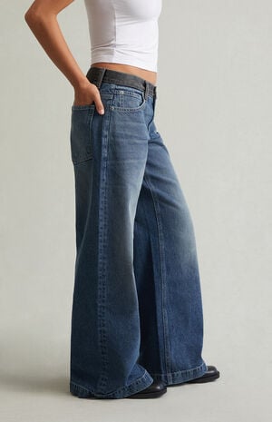 Sloane Low Rise Ultra Baggy Jeans Contrast Waistband Medium Blue image number 3