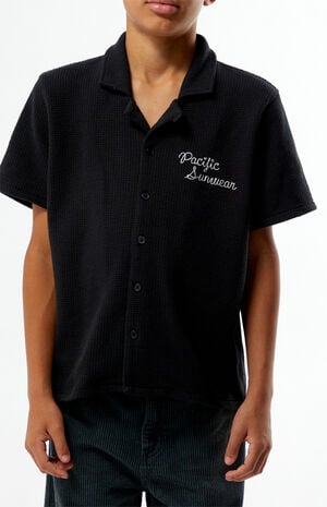 Black Waffle Knit Embroidered Camp Shirt image number 2