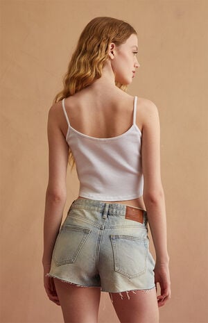 Light Blue Rhinestone Trim High Waisted Denim Festival Shorts image number 4