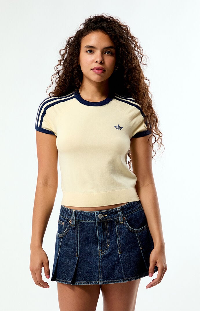Adidas Women's Yellow Knit Short Sleeve Crop Top - Size Small