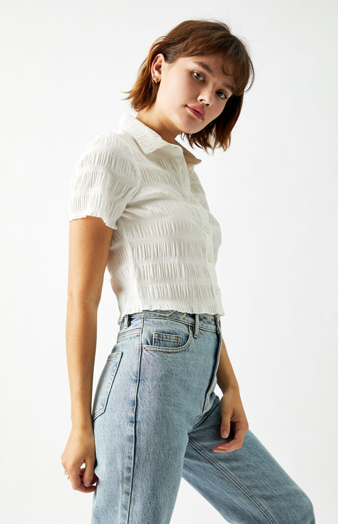 Shirred Smocked Button Down Shirt