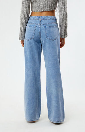 Light Blue Pleated Low Rise Baggy Jeans image number 4