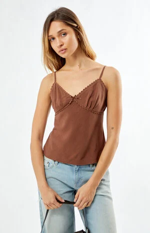 Lace Trim V-Neck Babydoll Tank Top image number 1