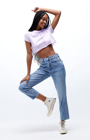 Eco Medium Blue High Waisted Straight Leg Jeans image number 4