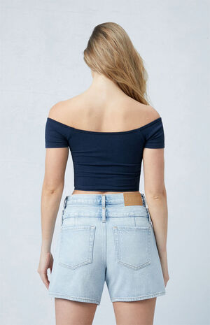 Eco Light Indigo Double Waistband High Waisted Relaxed Jorts image number 4