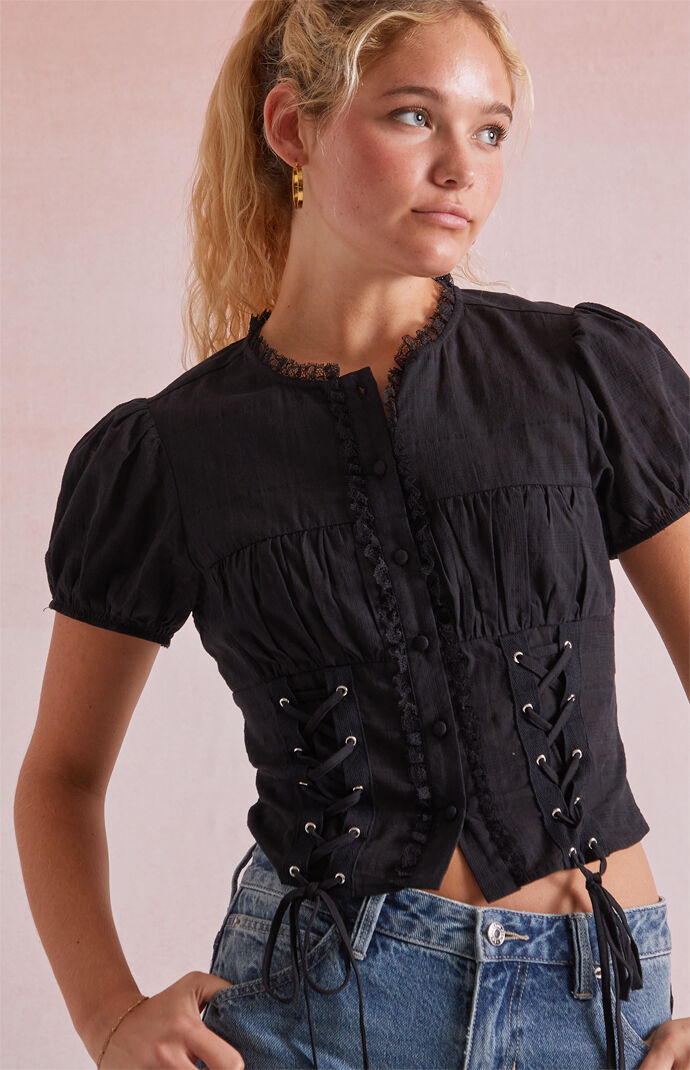 black satin tie front top