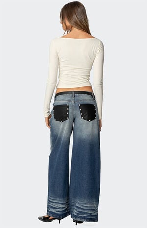 Faux Leather Pocket Low Rise Jeans image number 1