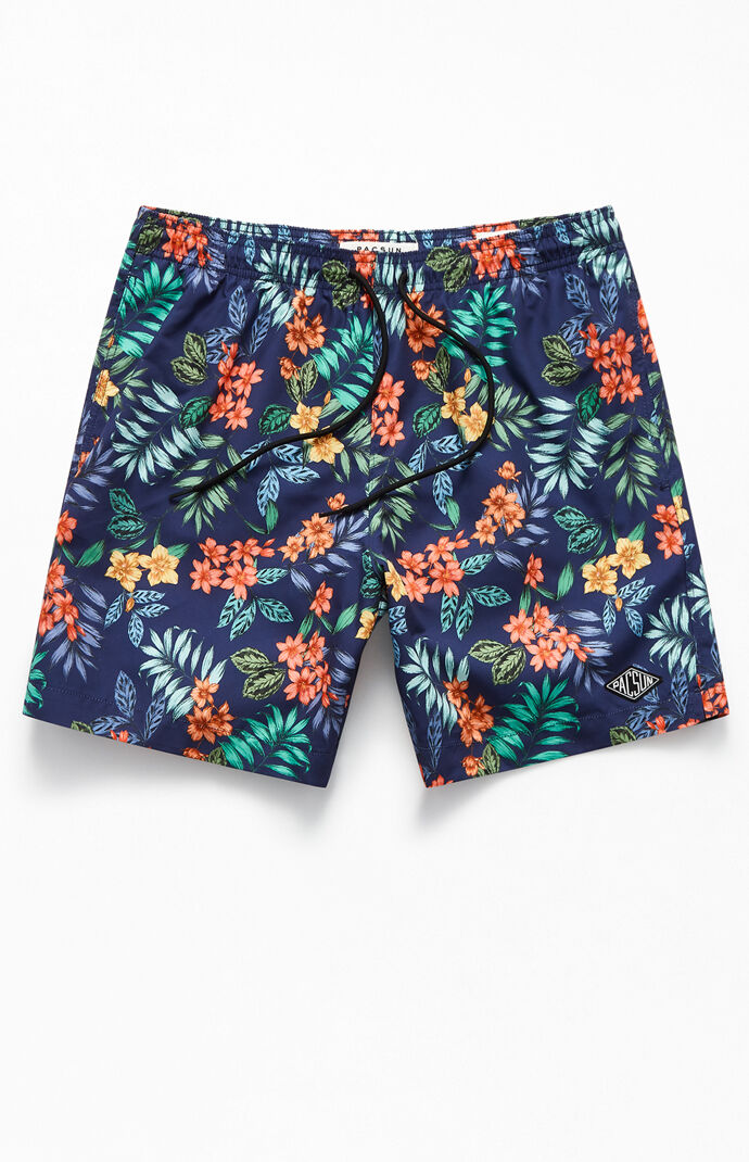 Navy Floral 17" Swim Trunks