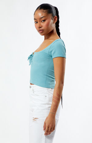 Lace-Up Waffle Knit T-Shirt image number 3