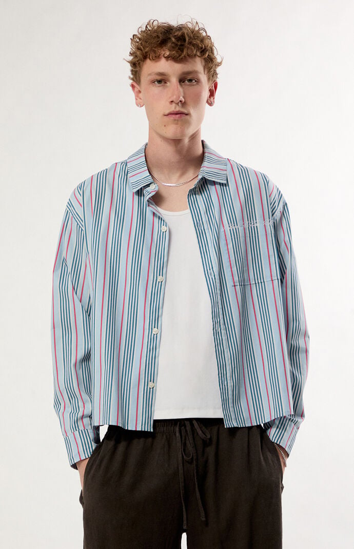 Pacsun Blue Striped Noto Long Sleeve Cropped Shirt