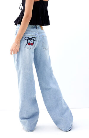 Casey Light Indigo Cherry Bow Low Rise Baggy Jeans image number 4