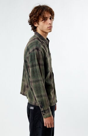 Black & Green Washed Cropped Flannel Shirt image number 3